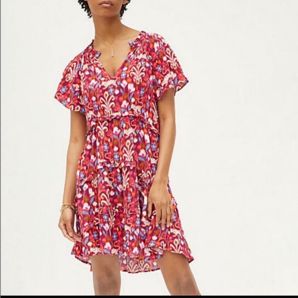 Anthropologie Robin Tiered Red and Purple Floral Mini Dress